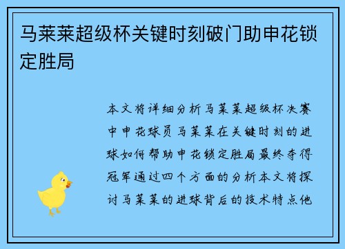 马莱莱超级杯关键时刻破门助申花锁定胜局